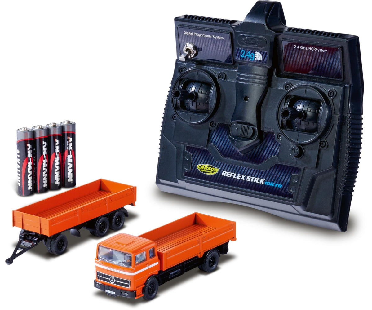 Mini camion RC 1:87 M-B 1620 plateau avec remorque orange 1/87