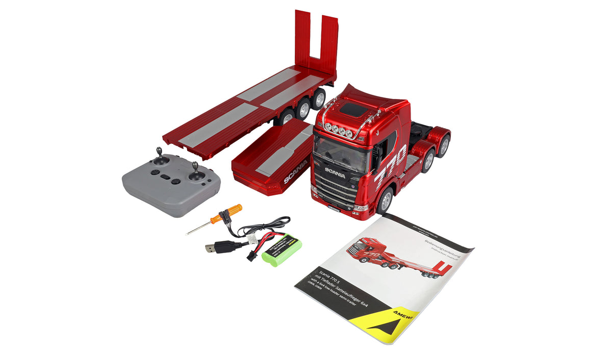 Amewi Scania 770S rouge 1/24 avec remorque porte-engins RC - Breizh Modélisme.