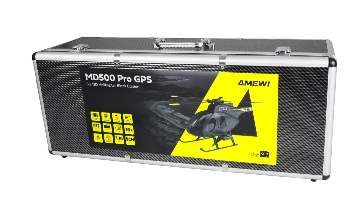 Hélicoptère RC GPS MD500 Pro Amewi – Édition Noire, 9 Canaux 3D/6G RTF, LiDAR-TOF, Mallette