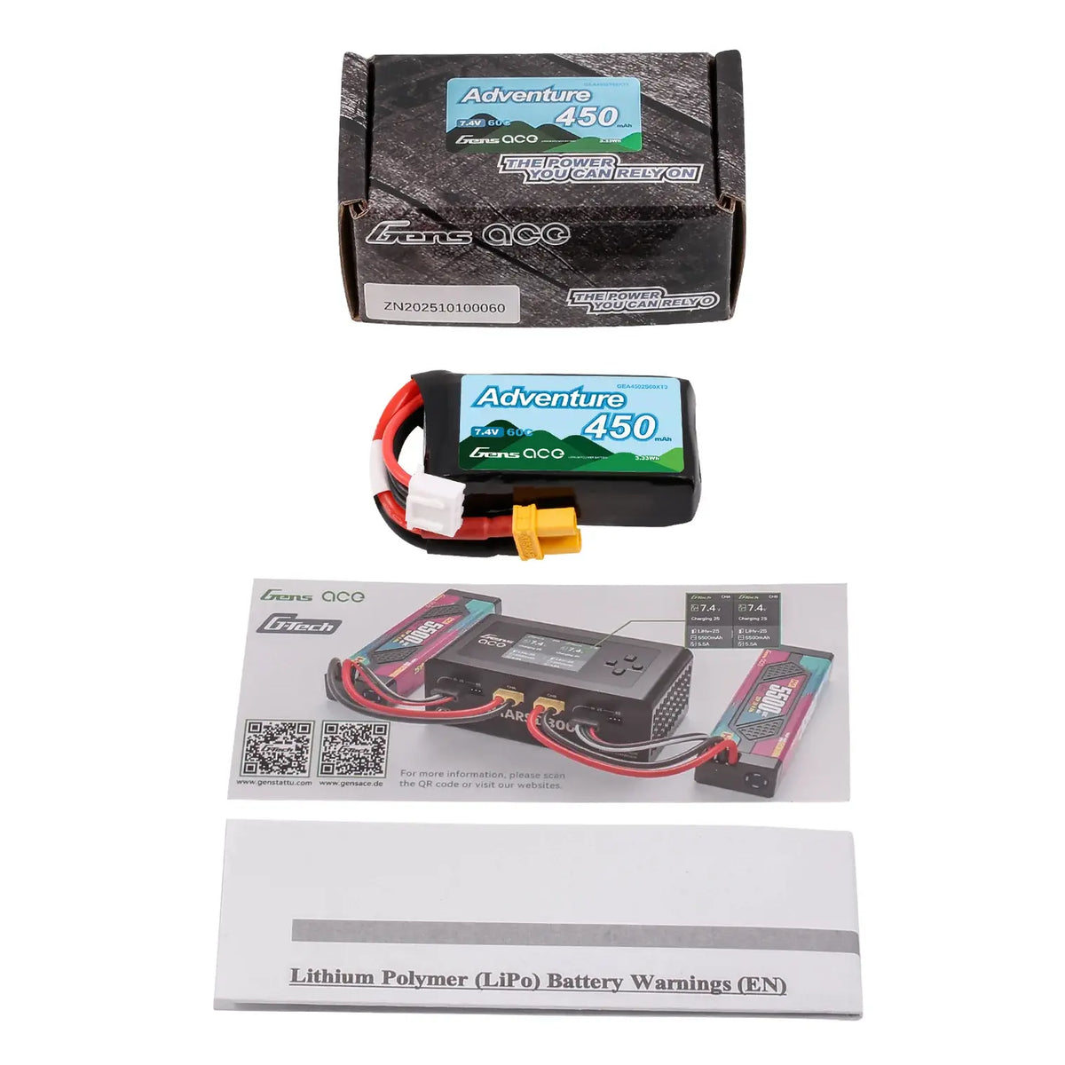 Batterie LiPo 2S1P 7,4V 450mAh 60C XT30 Gens Ace Adventure - Breizh Modélisme.