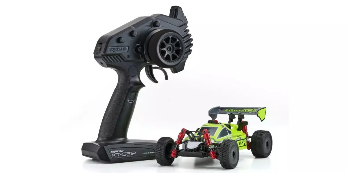 Buggy RC Kyosho Mini-Z MB010 Inferno MP9 TKI3 4WD Readyset 1/28 Blanc/Jaune - Breizh Modélisme.
