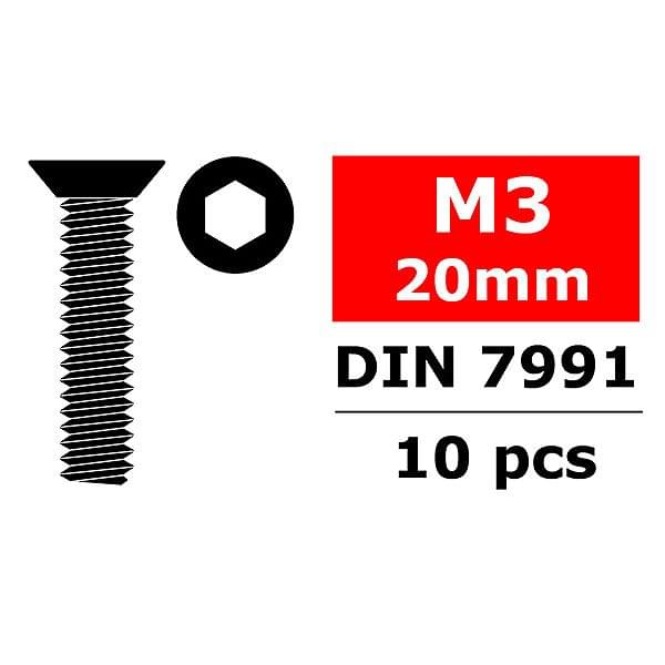 Vis en acier M3 x 20 mm tête plate hexagonale (10 pcs) - C-3002-30-20 - Breizh Modélisme.