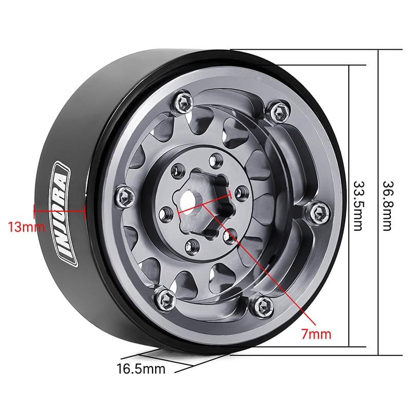 4 jantes Beadlock en aluminium gris anodisé INJORA 1,3 pour crawler RC 1/24, 1/18 - YQW-1311BG" - Breizh Modélisme.