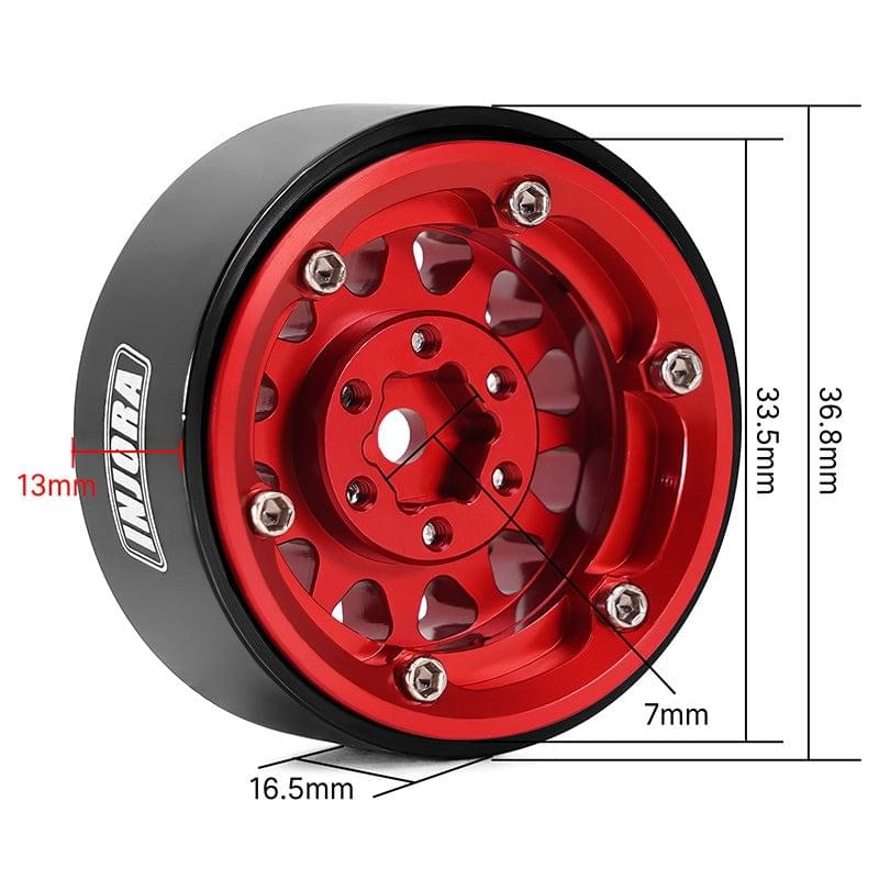 4 jantes Beadlock en aluminium rouge INJORA 1,3 pour crawler RC 1/24, 1/18 - YQW-1311RD" - Breizh Modélisme.