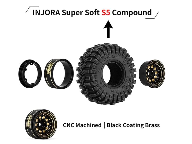 Injora 4 jantes avec pneus 1.0 Beadlock pour crawlers RC 1/24 1/18 - Breizh Modélisme.