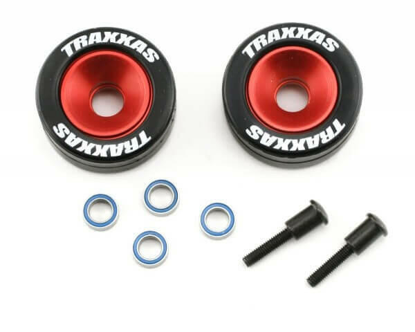 2 Roues alu anodisées rouge pour wheelie bar - Traxxas 5186 - Breizh Modélisme.