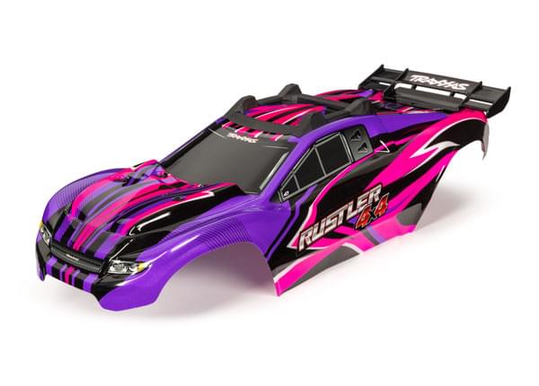 Carrosserie Rustler 4x4 peinte et décorée rose/violet - Traxxas 6734P - Breizh Modélisme.