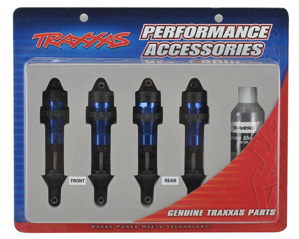 4 Amortisseurs GTR Traxxas 5460A Alu bleu AV et ARR, sans ressorts - Breizh Modélisme.