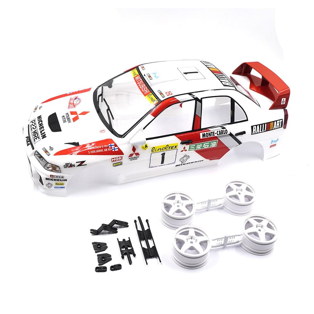 Carrosserie peinte et découpée avec jeu de jantes 1/10 Mitsubishi Lancer EVO IV Rally Catalunya 1997 - Breizh Modélisme.