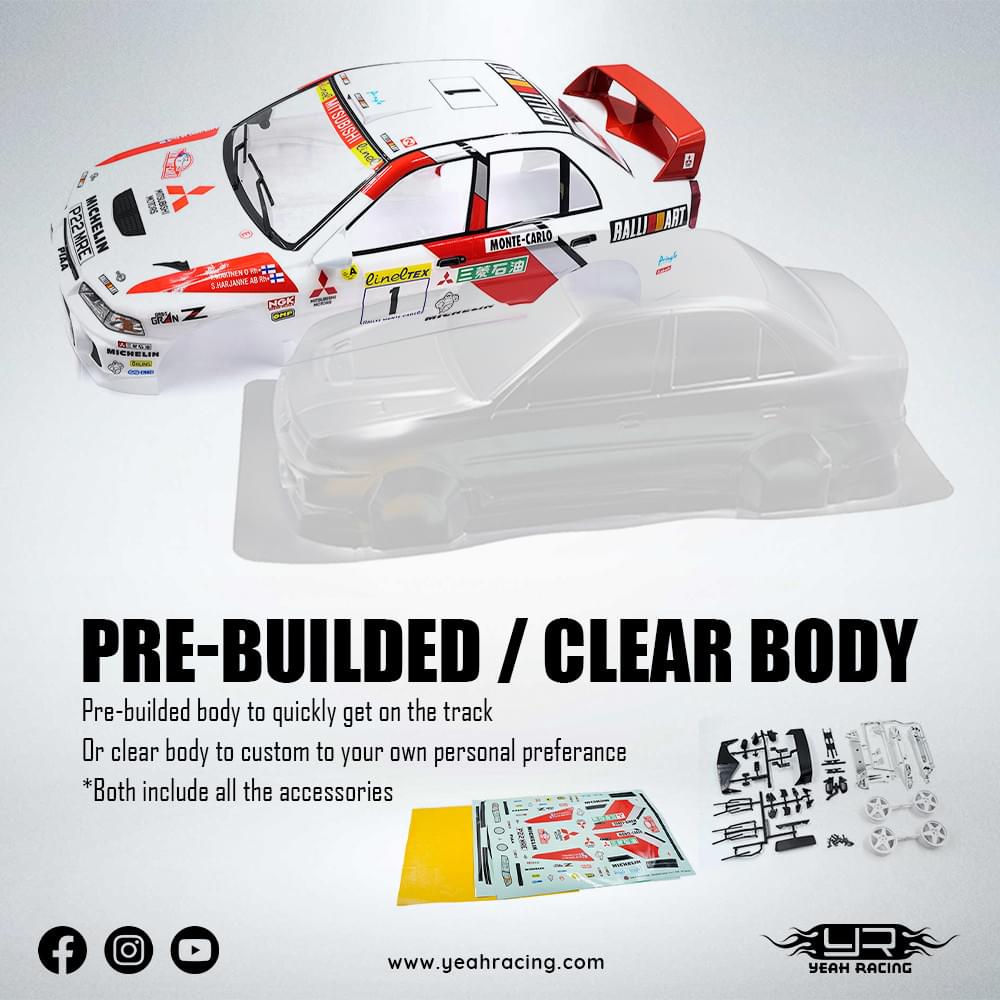Carrosserie peinte et découpée avec jeu de jantes 1/10 Mitsubishi Lancer EVO IV Rally Catalunya 1997 - Breizh Modélisme.
