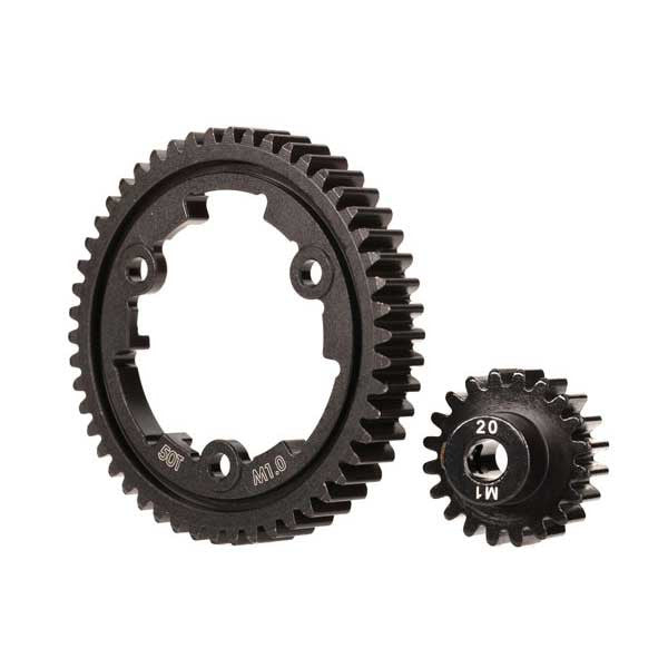 Couronne de transmission 50 dts (large) + pignon 20 dts (acier) pour XRT - 6450 - Breizh Modélisme.
