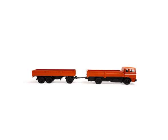 Mini camion RC 1:87 M-B 1620 plateau avec remorque orange 1/87