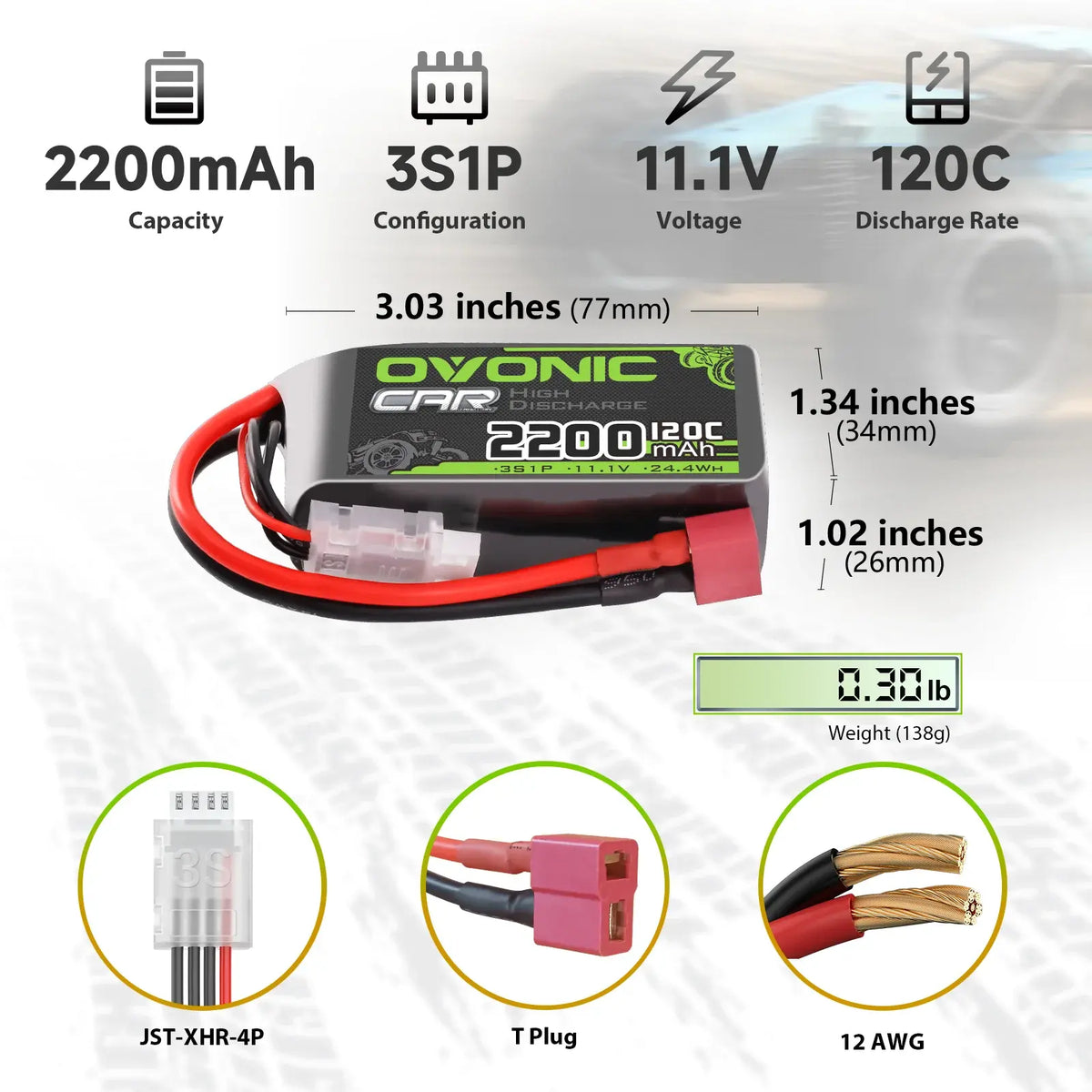 2 batteries LiPo 3S 11,1 V 2200 mAh 120 C avec prise Dean T