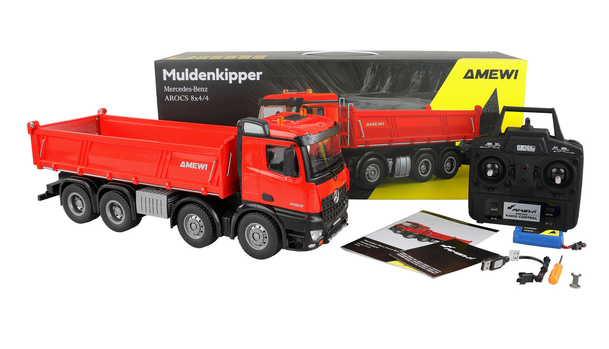 Camion Benne RC en Métal Mercedes-Benz Arocs Muldenkipper 84/h ChVD 1:18 RTR rouge - Breizh Modélisme.
