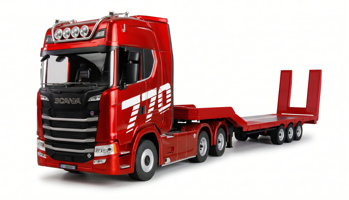 Amewi Scania 770S rouge 1/18 avec remorque porte-engins RC – 22775 - Breizh Modélisme.