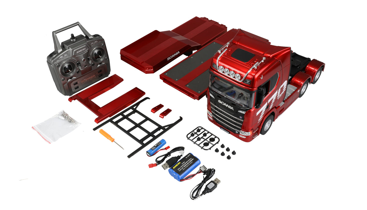 Amewi Scania 770S rouge 1/18 avec remorque porte-engins RC – 22775 - Breizh Modélisme.