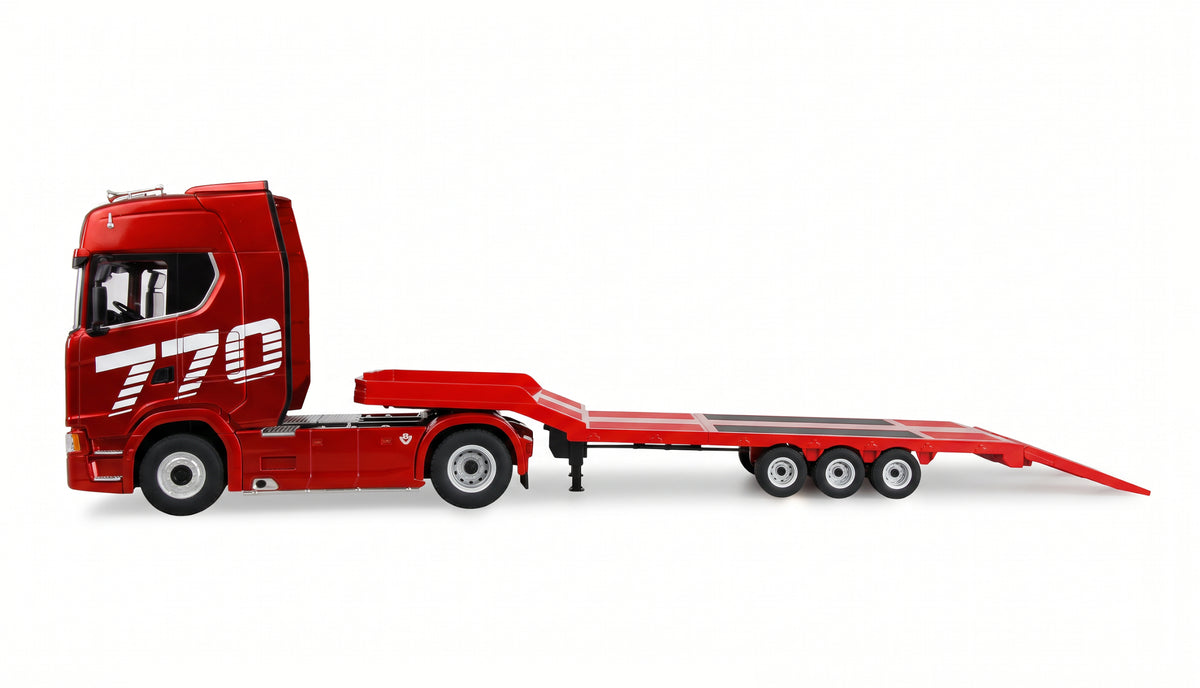 Amewi Scania 770S rouge 1/18 avec remorque porte-engins RC – 22775 - Breizh Modélisme.