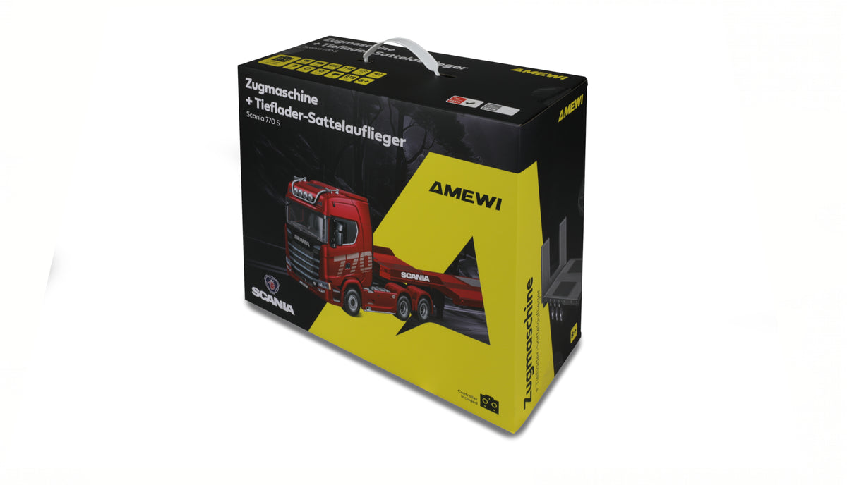 Amewi Scania 770S rouge 1/18 avec remorque porte-engins RC – 22775 - Breizh Modélisme.