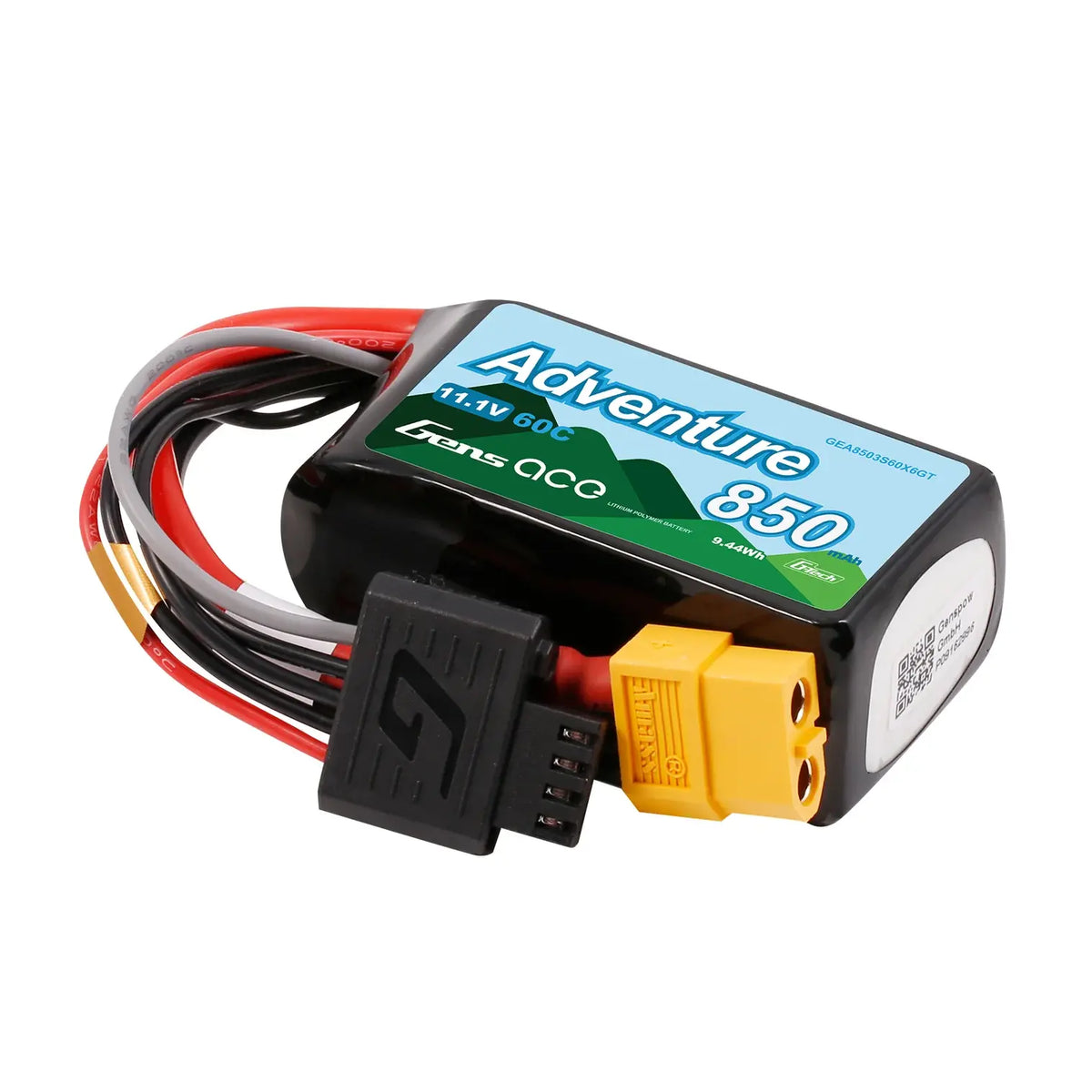 Batterie LiPo Gens Ace Adventure 850mAh 11,1 V 60C 3S1P prise XT60 pour crawlers 1/16, 1/18 - Breizh Modélisme.
