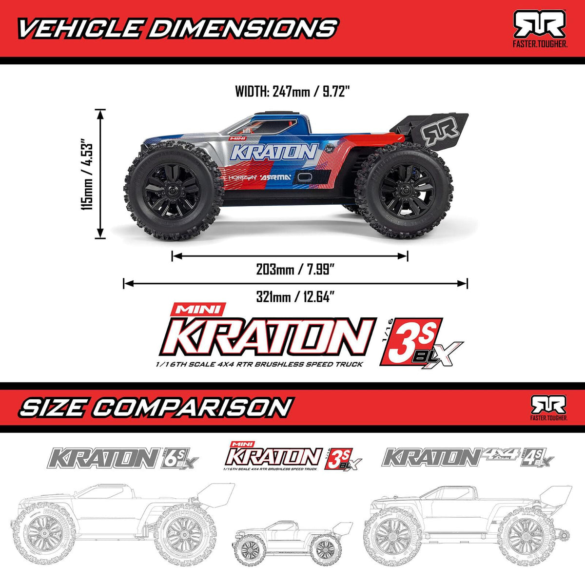 Arrma Mini Kraton 3S BLX 1/16 4x4 Brushless RTR (batterie/chargeur) ARA2508ST1
