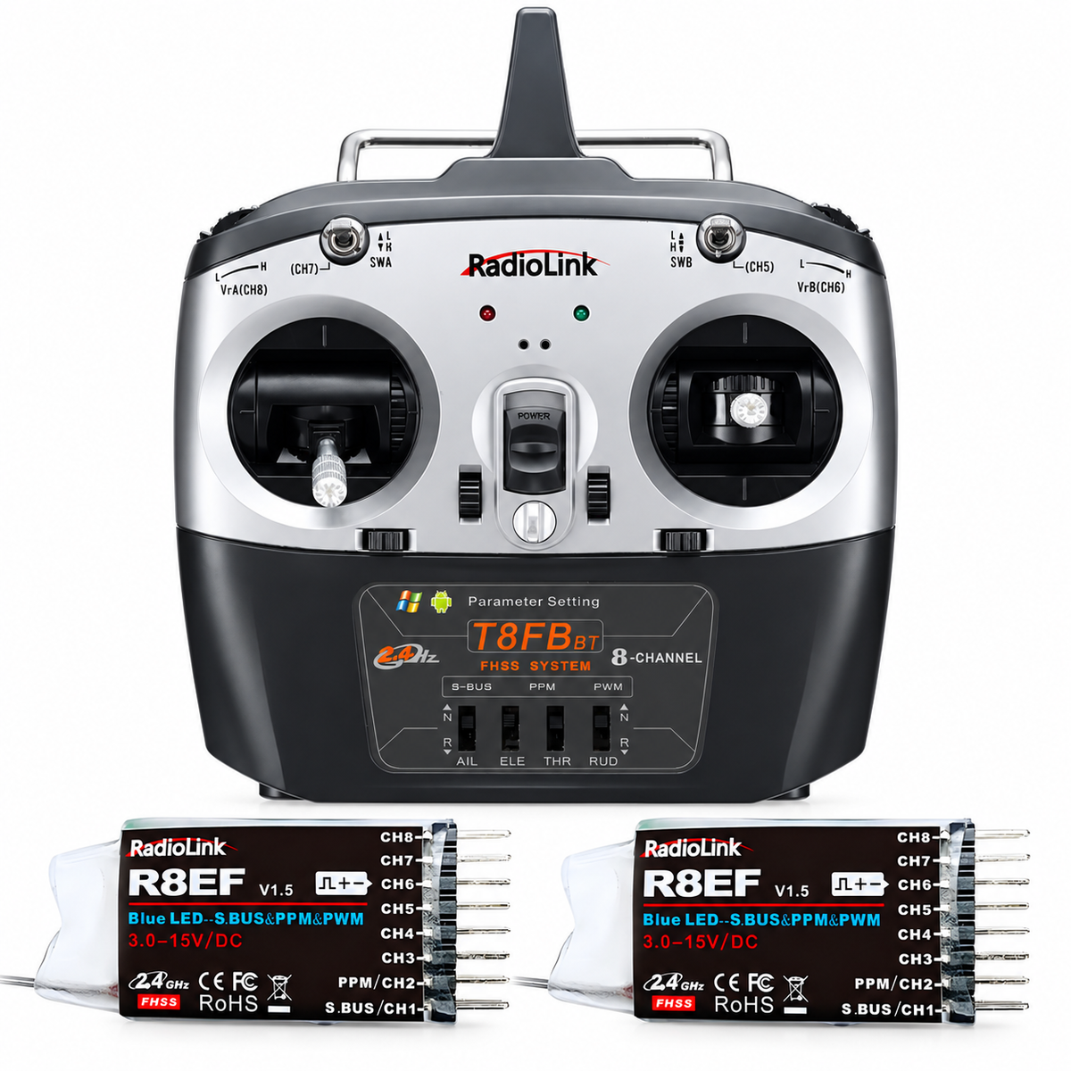 Radiocommande Radiolink T8FB Mode 1, 8 voies, 2 récepteurs R8EF