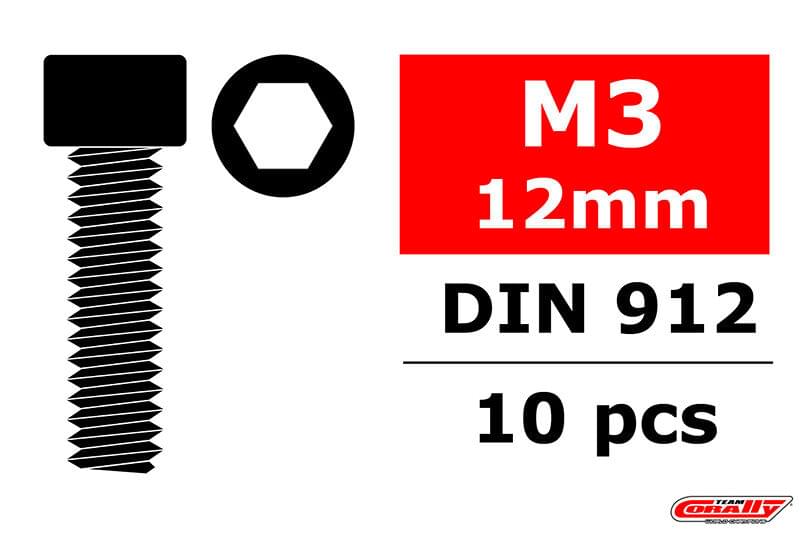 Vis en acier M3 x 12 mm tête à six pans creux (10 pcs) - C-3001-30-12 - Breizh Modélisme.