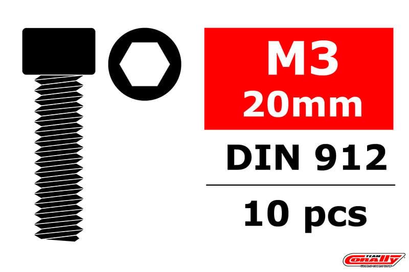 Vis en acier M3 x 20 mm tête à six pans creux (10 pcs) - C-3001-30-20 - Breizh Modélisme.