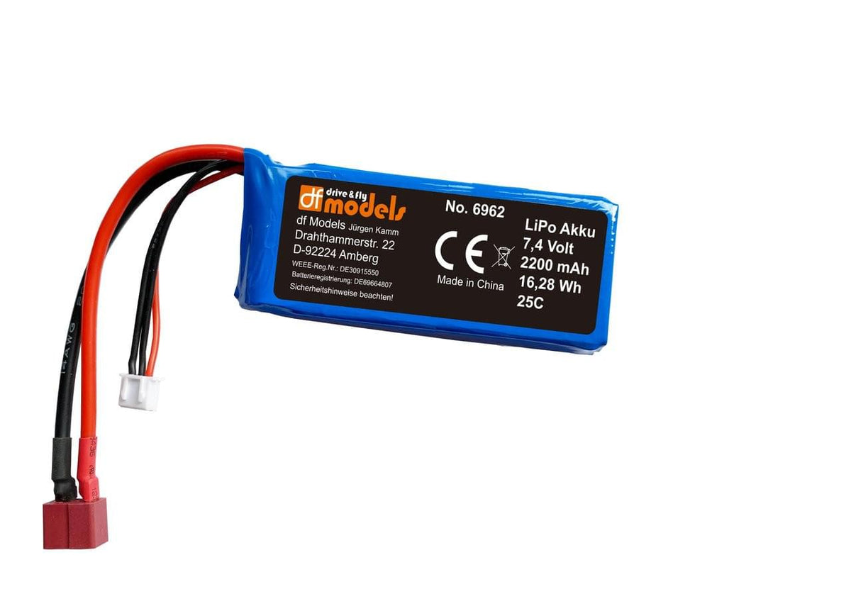 Batterie Lipo 2S 7.4 V 2200mAh DF Models - 6962 (pour 3123, 3127, 3122, 3120) - Breizh Modélisme.