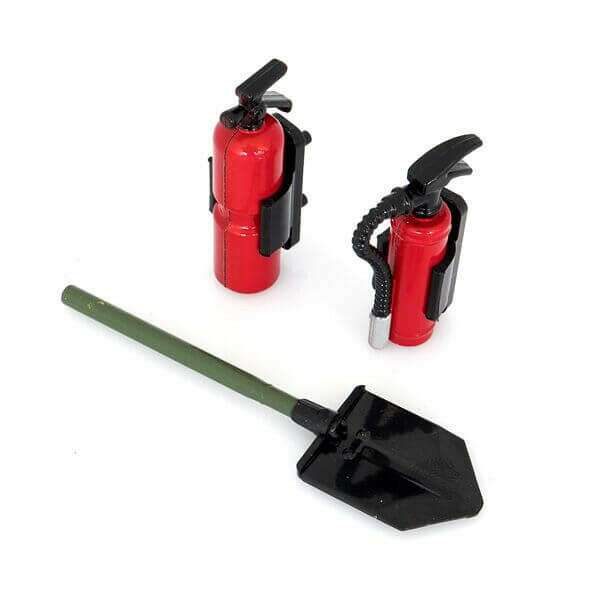 Set pelle et Extincteur plastique - Accessoires pour crawler 1/10 - Breizh Modélisme.