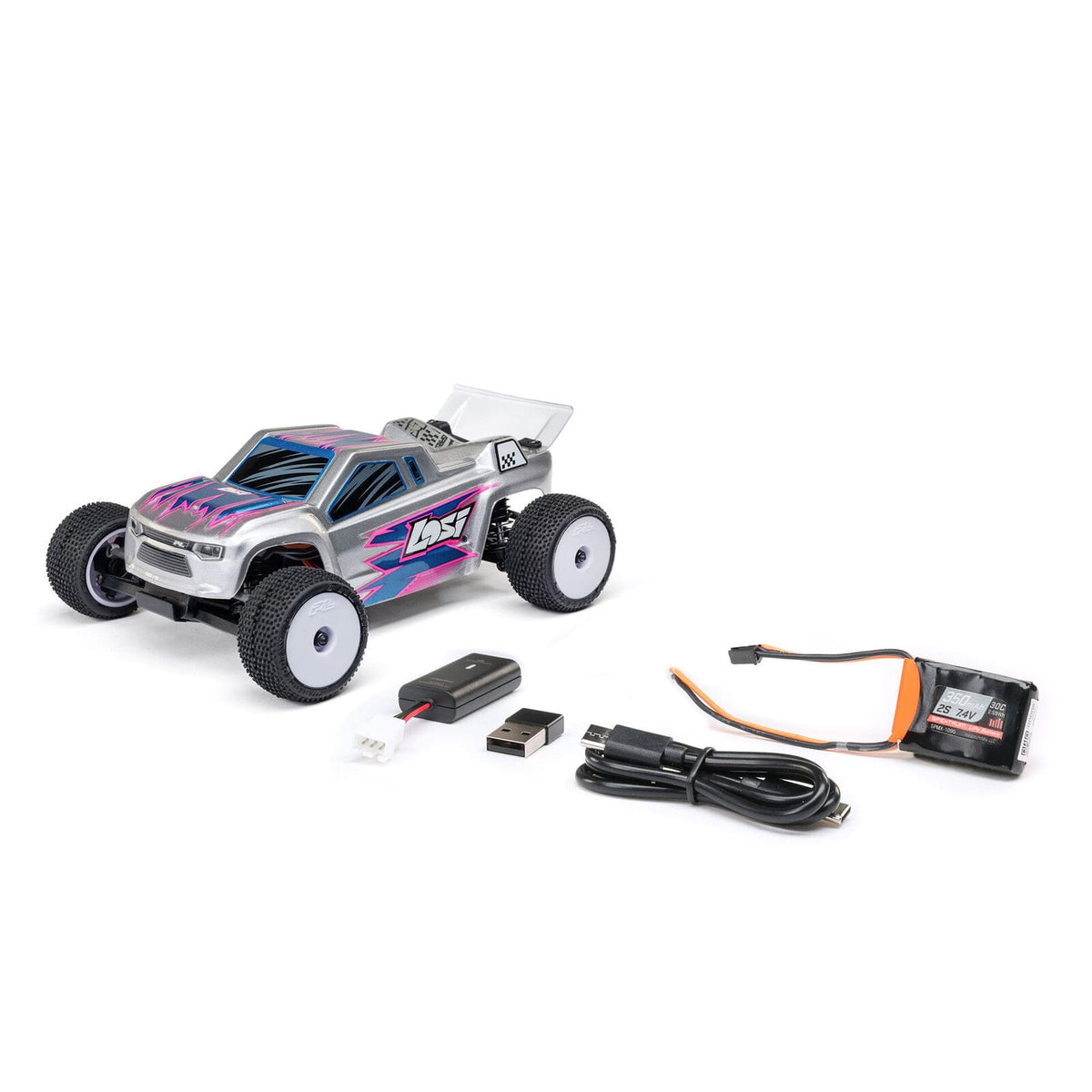 Stadium truck Losi 1/28 Micro-T 2S 2WD RTR gris LOS-1392T2 - Breizh Modélisme.