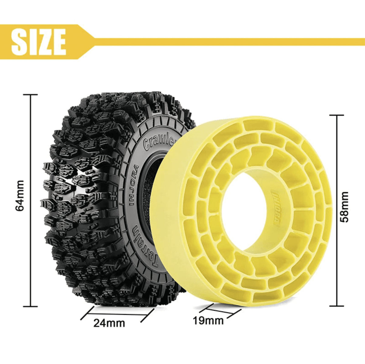 4 pneus + inserts en caoutchouc silicone INJORA 1,0 64*24mm Combo (x4) - YQT-1011-1064YE" - Breizh Modélisme.