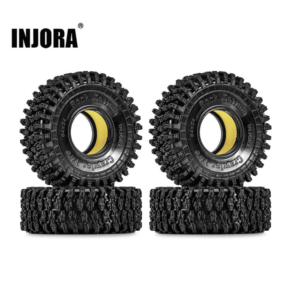 4 pneus + inserts en caoutchouc silicone INJORA 1,0 64*24mm Combo (x4) - YQT-1011-1064YE" - Breizh Modélisme.
