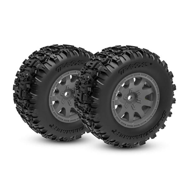 2 roues montées collées noire Sledgehammer avant pour Mini Maxx - Traxxas 10771-GRAY - Breizh Modélisme.