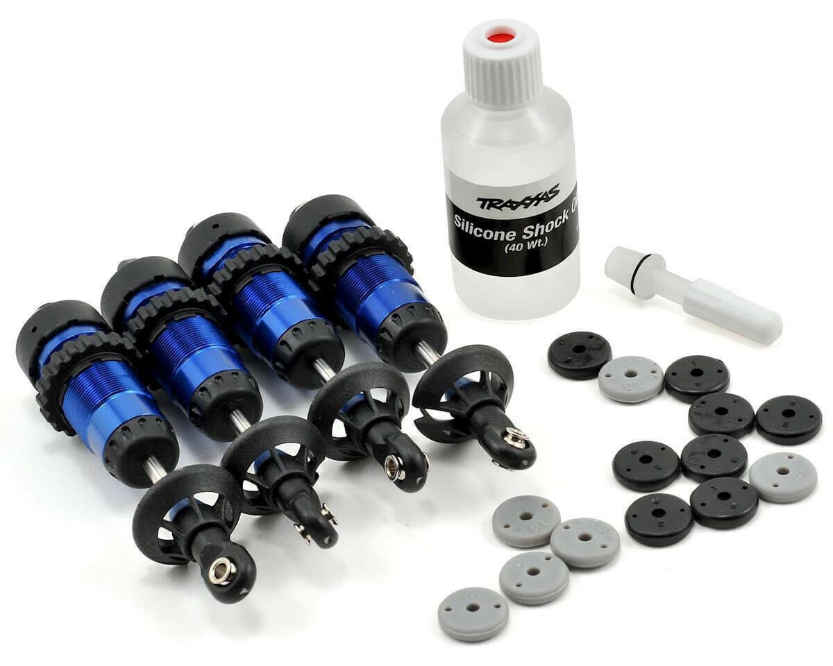 4 Amortisseurs GTR Traxxas 5460A Alu bleu AV et ARR, sans ressorts - Breizh Modélisme.