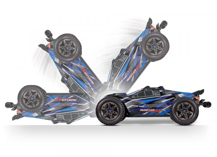 Combo Traxxas Rustler 4x4 Ultimate VXL bleu 1/10 RTR - 67097-4 - Breizh Modélisme.