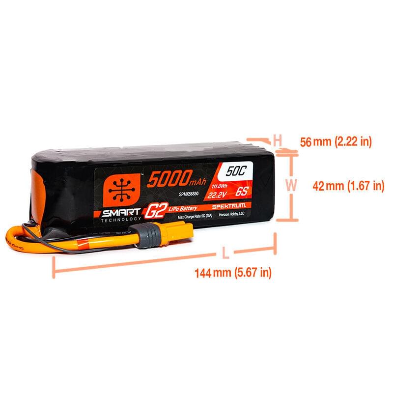 Batterie LiPo Smart G2 22,2 V 5000mAh 6S 50C IC5 Spektrum - SPMX56S50 - Breizh Modélisme.